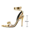 Metallic Crystal Ankle-Tie Sandals Women Lace up Rhinestones Luxury Design High Heels Spring Runway Shoes 220509