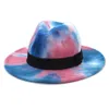 Fashion New Men Women Tie-dyed Felt Jazz Fedora Hat with Black Ribbon Band Wide Brim Fascinator Multicolor Panama Party Formal Hat326y