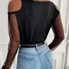 Suéteres de mujer Ropa de mujer con cuello en V Ahueca hacia fuera Hombro frío Negro Manga larga Malla Encaje Patchwork Blusa Sexy Casual