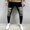 Jeans masculinos Men Black Motorcycle Pants Slim Fino Cantura alta Harajuku Design de crânio Impresso Lápis esticada confortável Denim TrousersMe