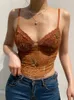 HEYounGIRL Vintage Mesh Lace Sleeveless Corset Crop Top Women Summer Transparent Brown Strappy Camis Tops Floral Print Vest 220514