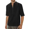 Chemises décontractées pour hommes Hommes des années 60 Vêtements rétro Mode Bouton de couleur unie Chemise en lin de coton Veste à manches courtes Top Blouse BodyMen's