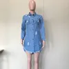 Mini vestido asimétrico de mezclilla vintage para mujer, Vestido camisero sexy con cuello vuelto y manga larga con borlas acanaladas, Mini Vestido vaquero azul 22088487948