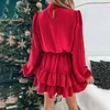 Casual Dresses Turtleneck Spring Woman Dress Fashion Ruffles Långärmad Mini A-Line för Kvinnor 2022 Elegant Office Ladies