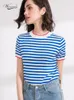 판매 프로모션! 얇은 니트 티셔츠 여성 의류 여름 여자 짧은 소매 티즈 탑스 스트라이프 캐주얼 티셔츠 여성 B-019 220321