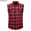 Men's Casual Flannel Plaid Shirt Sleeveless Double Pocket Cowboy Button Down Shirts Men Cotton Plus Size Vest Checkered Top 2XL 220322