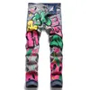 Męskie dżinsy męskie kolorowe Doodle malowane Denim Streetwear Punk rozciągliwe spodnie z nadrukiem guziki dziury zgrywanie obcisłe spodnie obcisłe