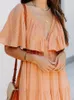 Summer High Waist Butterfly Sleeve Slim Dress Elegant V-neck Ruffle Pleated Party Es Women Solid Casual a Line Beach 220426