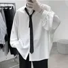 Black Longsleeved Shirts Men Korean Comfortable Blouses Casual Loose Single Breasted Shirt With Tie 220721