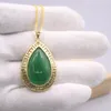 Hänge Halsband Real Jade 18K guldpläterade kvinnors gröna kalcedon regndroppssmycken Legering Berlocker Silver 925 Vete HalsbandHänge