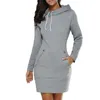 Basic Casual Dresses Spring And Autumn Ladies KneeLength Dress Hooded Warm Sweatshirt Long Sleeve Camp Collar Pocket Simple Casual Sports Dress 220811