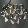 Mode Rosted Trä Bead Armband Keychain Party Favor Mönster Tassel Pendant Armband Kvinnor Tjej Key Ring Wrist Strap 7 Färger AA