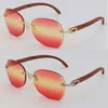 Whole Diamond Cut 3524012 Metal Rimless Sunglasses Decor Wood Frame Glasses Fashion Sun glasses for Men Unisex Wooden Design C2509