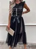 Swobodne sukienki seksowne haft koronkowy patchworka długa sukienka kobiety elegancka kropka drukowana o przyjęcie letnie rękaw motylowy biuro