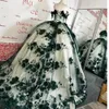 3D bloemen Appliques Dark Green Quinceanera jurken luxe bloemen baljurk prom feest zoet 16 jurken voor junior off -schouderprinses Vestido de 15 anos