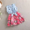 Kız elbiseler yaz kızlar denim çiçek elbise doğum günü partisi çocukları birleştiren gündelik giyim yay fırfır bebek kız çocuk moda outfitgirl