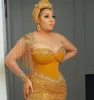 Plus Size Arabo Aso Ebi Sirena Abiti da ballo scintillanti Oro brillante Cristalli con perline Festa serale Secondo ricevimento Compleanno Abiti di fidanzamento Abito