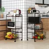 Hooks & Rails Kitchen Baker's Rack Utility Storage Shelf Microwave Stand Cart On Wheels Organizer 4 Tier Shelves Adjustable BlackHooks