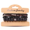 4pcs Set Natural Lava Stone Strands Wooden Beaded Bracelets For Men Handmade Charm Party Club Male Jewelry