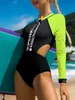 InX Patchwork swimsuit womens swimming suit Long sleeves swimwear female Oneck monokini Cutout bathing suit Zipper 220527