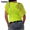 Kortärmad Casual Neon Green Sexig Hollow Out Mesh Cover T Shirt och Tank Toppar Kvinnor Fashion Grid Blusa PR1005G 220318