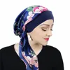 Satin Kvinnor Tryckt Pre-Tied Headscarf Elastic Muslim Turban Cancer Chemo Sleep Hat Hair Care Cover Head Wrap Headwear Bandana