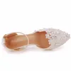 Women Sandals Pearl Rhinestone White Lace Wedding Shoes Wedges Ankle Strap Platform Pumps High Heels