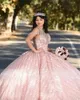 2022 Sexy bling rose goud blush roze lovertjes kant quinceanera jurken hoge nek kristal kralen van schouderbal jurk vestidos d9763148