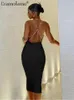 Sexy Backless Halter Bodycon Midi Sukienka Kobiety Elegancki Biały Ruched Bandaż Party Wieczór Czarne Suknie Summer Club Stroje 220406