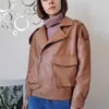 Ailegogo Autumn Kobiety pu faux miękka skórzana kurtka z paskiem streetwear żeńska brązowa kieszonkowa lakier