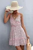Casual Dresses Backless Sleeveless Floral Slip Mini Dress Lace Up Summer Fashion Printed V Neck Ruffle Edge Women's DressesCasual