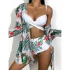 Hohe Taille 3 Stück Bikini Set mit Cover Up Badeanzug Frauen Print Langarm Badeanzug Beachwear Schwimmen Biquini 220408