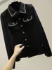 Fashion Designer Tweed Patchwork Chiffon Shirt Blouse Women Vintage Long Sleeve Gold Chain Pearls Weave Tassels Pocket Tops 220407