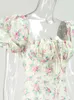 Asia Vintage Floral Dress Women Summer Square Collar Puff Sleeve Long Dress Sexig Off Axla Side Split A-Line Dress 220511