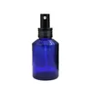 Embalagem Blue de vidro azul Medicador de alumínio de alumínio Bomba de prensa de loção de colarinho preto com capa preta reciliável recipiente portátil de cosméticos 15ml 30ml 60ml 100ml