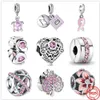925 Sterling Silver Dangle Charm Pink Sparkling Row Clip Fit Fit Pandora Charms Bransoletka DIY Akcesoria biżuterii