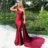 2022 Borgonha Long Mermaid Sexy Prom Vestres Um ombro de cetim sem costas Vestido formal PLUSTEME