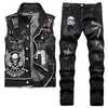 2022 Trainingspakken Zwarte Schedel Geborduurde Heren Tweedelige Jeans Sets Mode Casual Revers Denim Vest en Ripped Hole Broek Punk Conjuntos de hombres