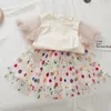 Conjuntos de roupas de meninas de verão Lace Hollow tops + saia curta floral 2pcs terno princesa toddler bebê crianças crianças roupas 220326