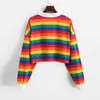 Fashion Winter Women Rainbow Striped Hoodies Pullover Sweatshirts Harajuku Long Sleeve Hoody Female Autumn Crop Tops Basic Tops 220801