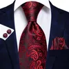 Pajaritas Hi-Tie Red Fashion Paisley 100% Seda Conjunto de corbatas para hombres 8.5cm Boda para hombres Diseño Gemelos de pañuelo Corbata de calidad