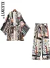 KlkxMYT Woman 2 sztuki zestawy Kimono koszule spodnie Suit Fashion Drukowane bluzki z długim rękawem Samice Samice