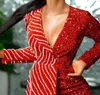 Red Sequined Jumpsuit Prom Dresses Aso Ebi Arabic Long Sleeves V Neck African Beaded Evening Gowns Plus Size 220822