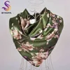 Bysifa New Women Army Green Silk Scarf Hijab Fashion Brand Flowers Square Scarves Wraps Spring Autumn Muslim Ladies Head Scarf cape J220713