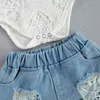 Citgeett Summer Baby Girls Outfit Short Sleeves Hollow Lace Romper at Ripped Denim Shorts 세트 의류 J220711