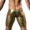 Calções masculinos sexy calças exóticas calças de couro do plutônio gay clubwear curto masculino látex catsuit elástico na altura do joelho mais sizemens