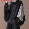 Moletons femininos moletons da moda Spring Tops Ladies Black Patchwork Camisetas femininas Vintage Longo Batwing Bloups Feminino Casual CL