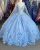 Ljusblå ny söt 16 klänningar bollklänningar handgjorda blommor pärlstav applique vestidos de quinceanera klänning med wraps prom pown towns pro232