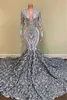 Modest Silver Gray Long Sleeve Prom Dresses Sexy Plunging V Neck Mermaid Flora Lace Evening Gowns African Girls Graduation Party W289T