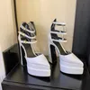 Cinturino alla caviglia Fibbia Decorazione Scarpe Décolleté con plateau in raso Sandali con tacco alto e grosso Sandali da donna Punta a punta Designer di lusso Scarpe eleganti da sera